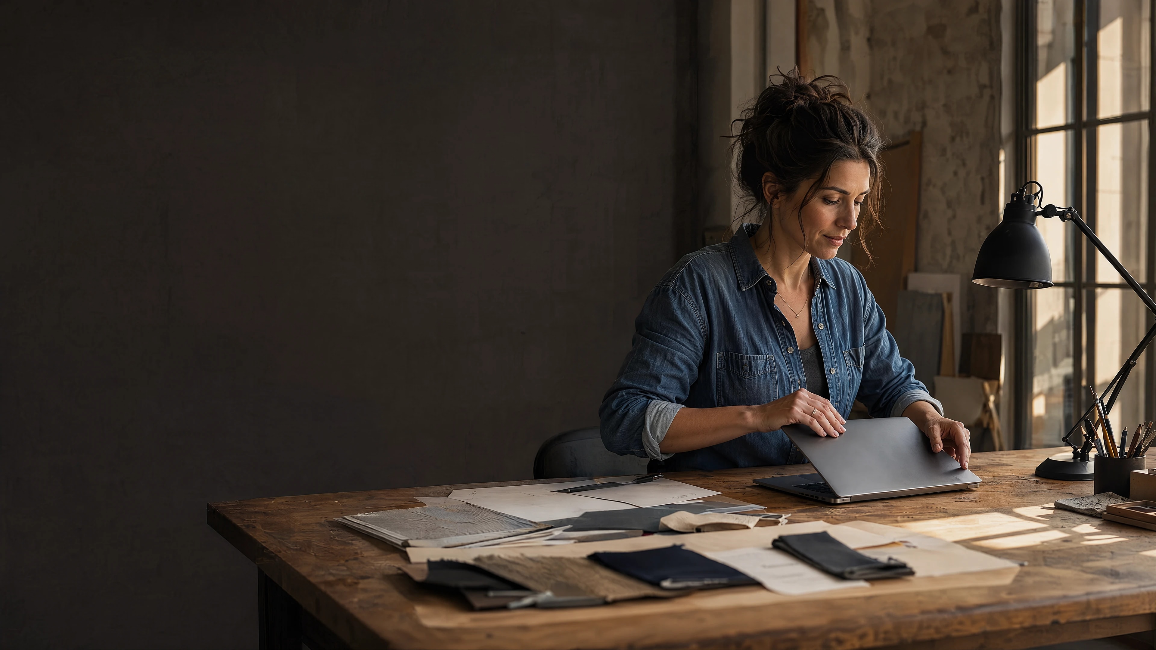 An independent business owner wrapping up work at her studio desk
