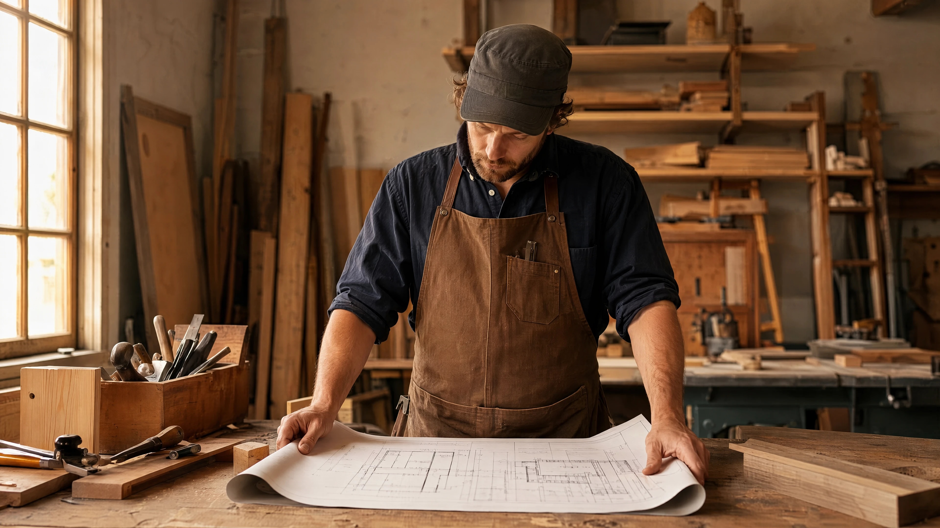 A carpenter reviewing a project plan in his workshop
