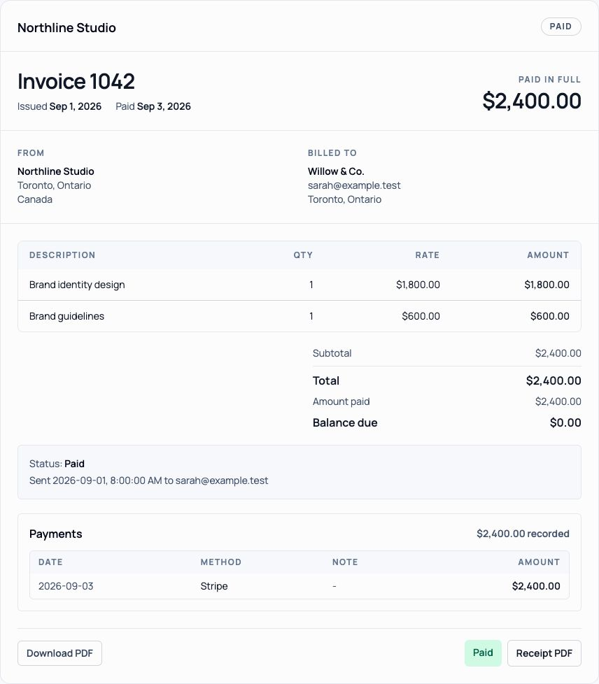 The same invoice paid in full, with its payment record, zero balance and receipt download.